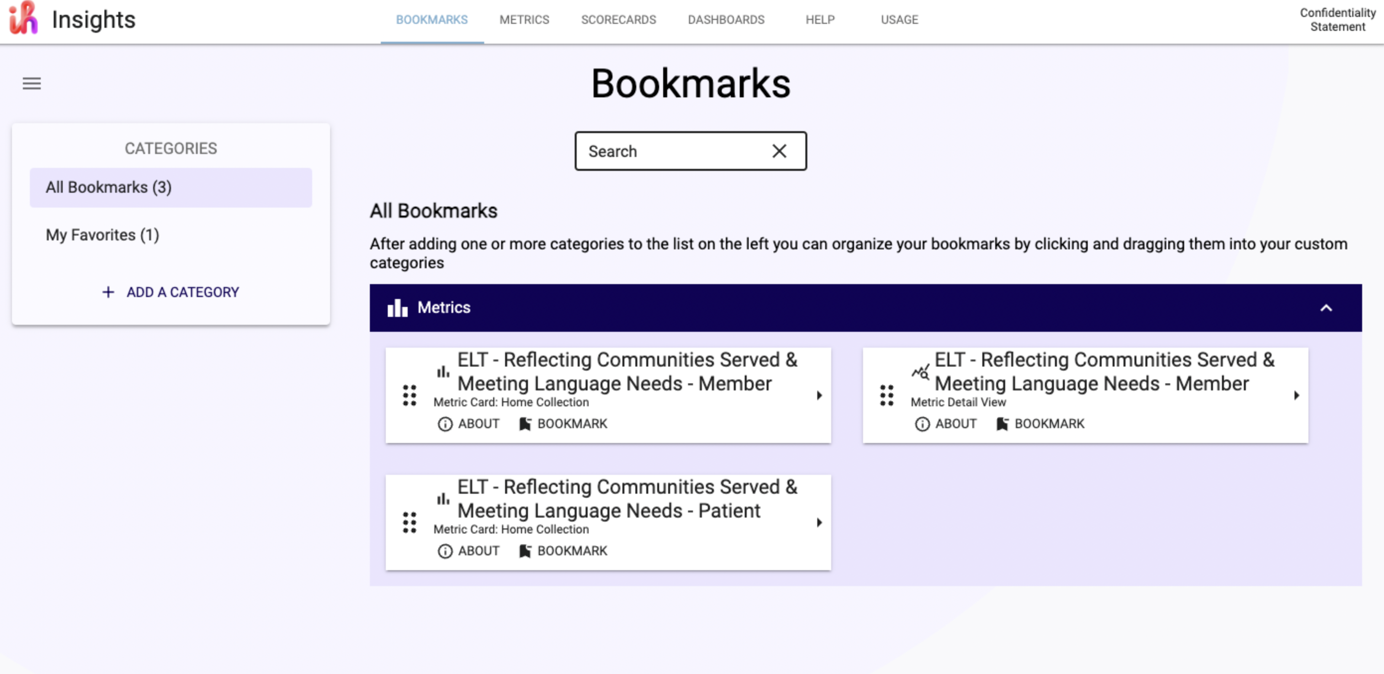 Bookmarks feature interface