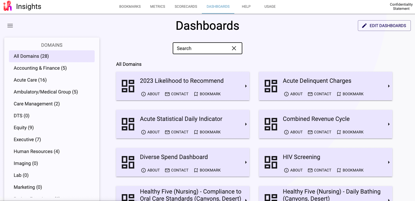 Dashboards landing page
